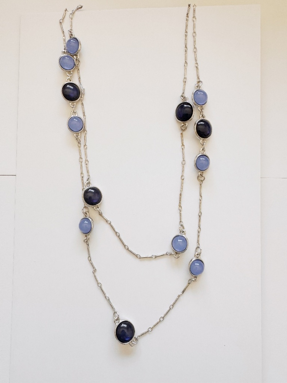 Long Silver Tone Station Necklace – Blue & Black Cabochon Stones,